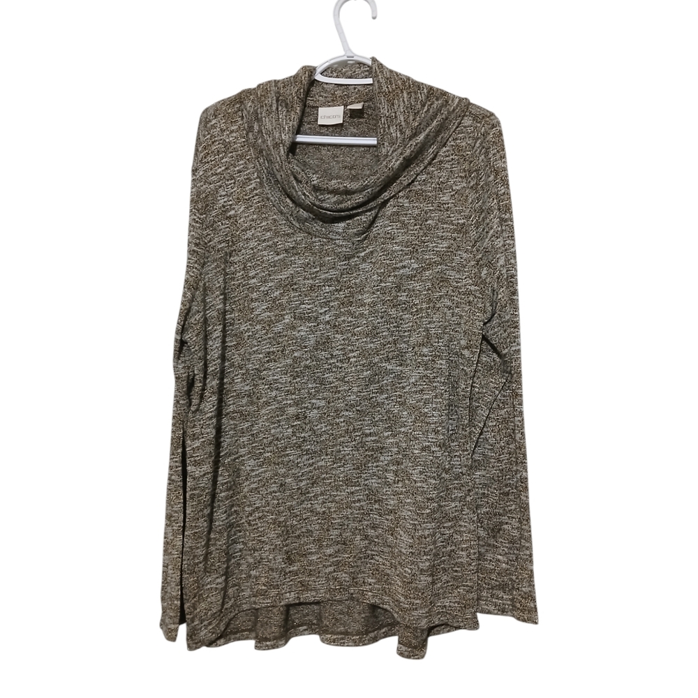 Chicos Metallic Thread Black Brown Gold Cowl Neck Sweater size 3 XL Goblincore